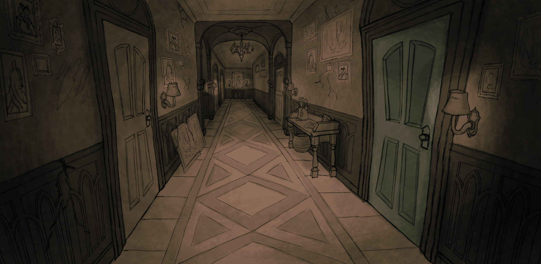Sketch of the mansion's hallway, sepia colored